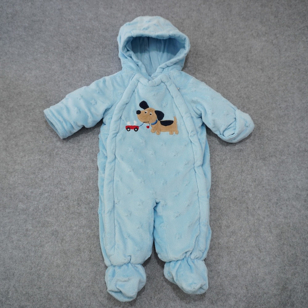Bon Bebe Baby Size 6-9M Pram Suit Blue Star Fleece Dog Applique Adorable Hooded